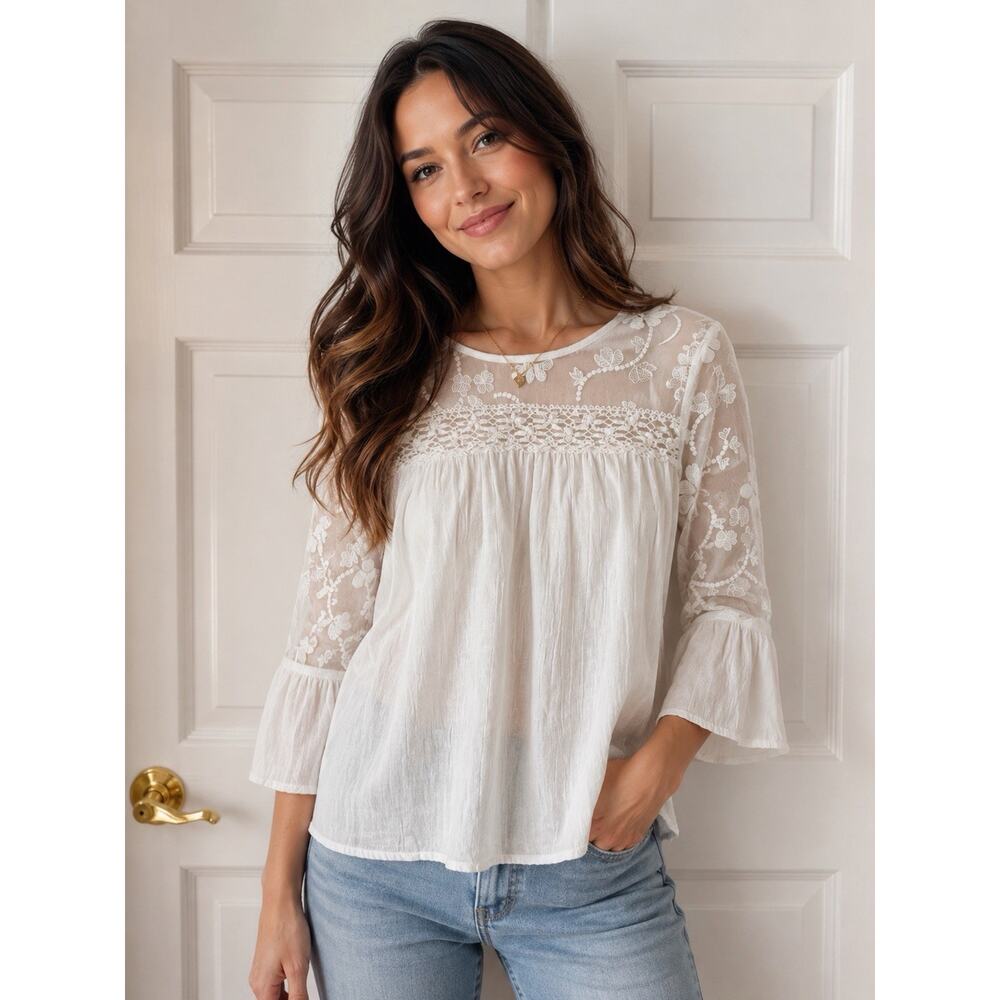 Unique Spectrum White Boho Lace Floral Sheer Peasant Blouse Top Medium